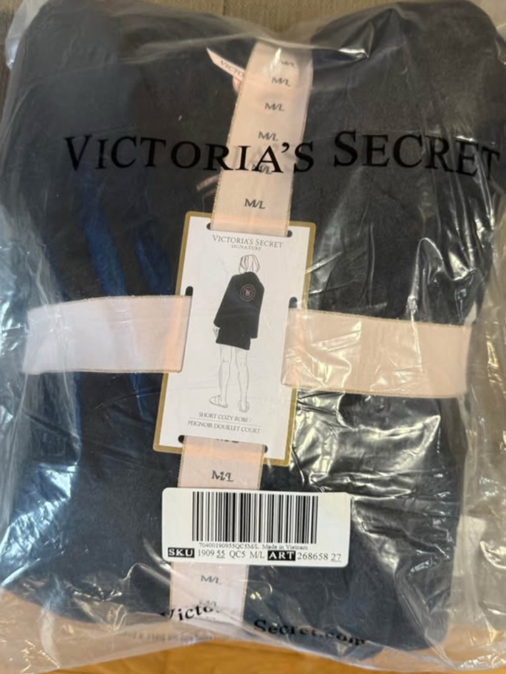 NWT Victoria's Secret Black Robe with Pink Trim Signature Logo